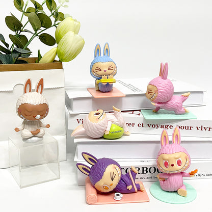 Labubu Yoga Flocked Vinyl Figure Collectible Toy Blind Box Surprise Trendy Desk Decor 6Pcs