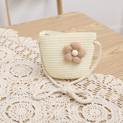 Kids Straw Sun Hat & Woven Bag Set Spring Summer Foldable Beach Hat Floral Button Detail