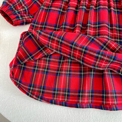 Christmas Red Plaid Girls Dress & Baby Romper – Cotton Long Sleeve Sister Matching Outfit