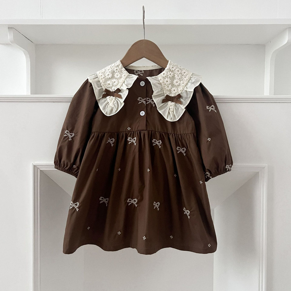 Girls Blue Bow Print Dress & Baby Romper – Lace Collar Sister Matching Outfit