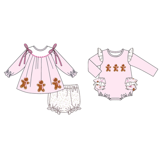 Baby Girls Christmas Gingerbread Embroidery Romper Set