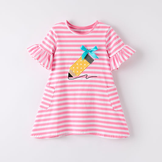 Girls Back To School Pink Stripes Pencil Embroidery Dress