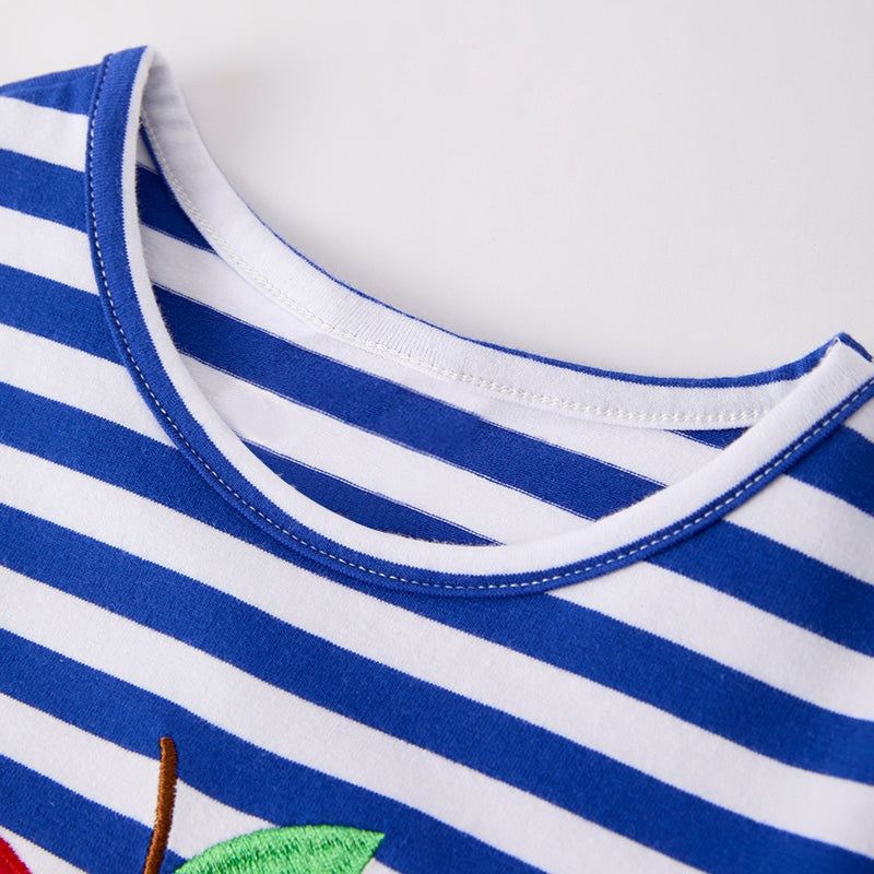 Girls Back To School Blue Stripes Apple Embroidery Dress