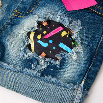 Girls Back To School Caryon Print Denim Short Set
