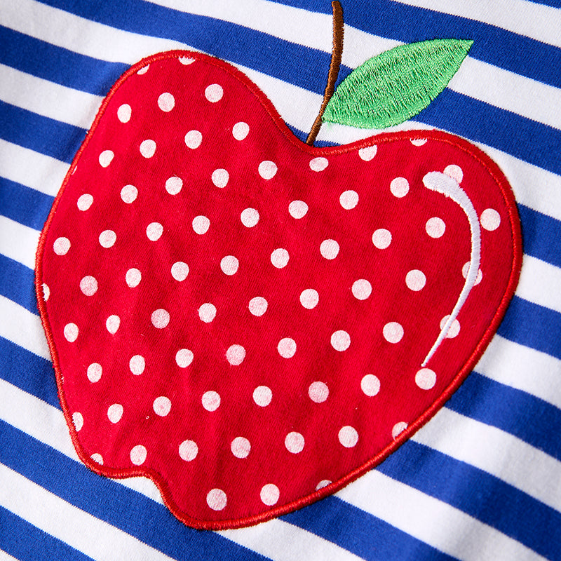 Girls Back To School Blue Stripes Apple Embroidery Dress