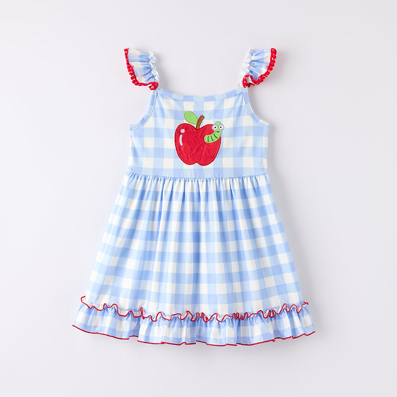 Girls Back To School Blue Plaid Apple Applique Dress