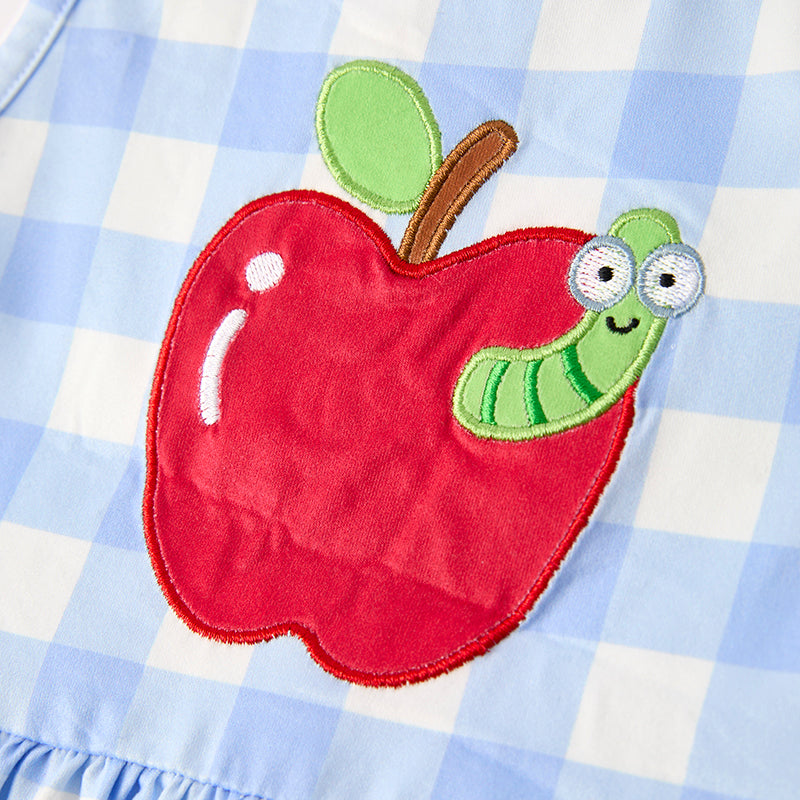 Girls Back To School Blue Plaid Apple Applique Dress