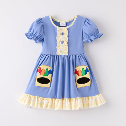 Girls Back To School Crayon Applique Short Sleeve Dress