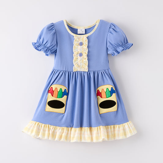 Girls Back To School Crayon Applique Short Sleeve Dress