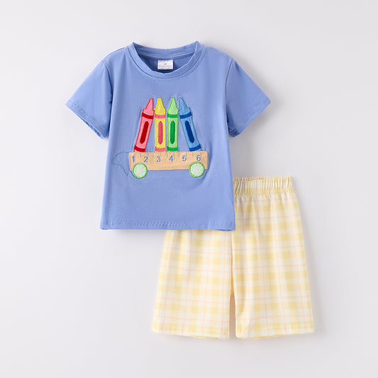 Boys Back To School Blue Pencil Embroidered Short Set