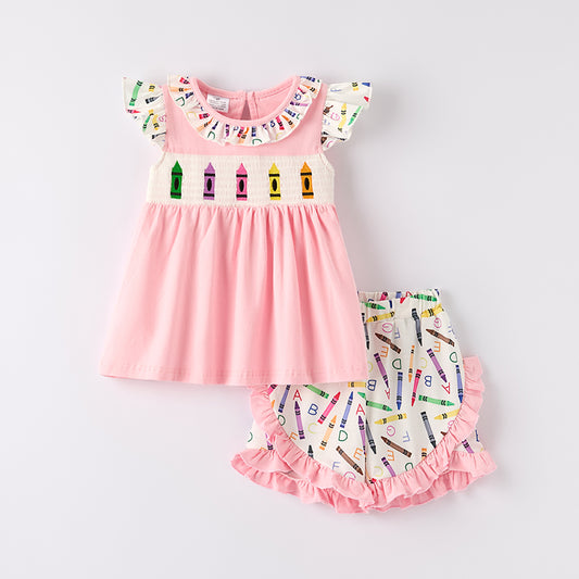 Girls Summer Back To School Crayon Embroidered Smocked Short Set