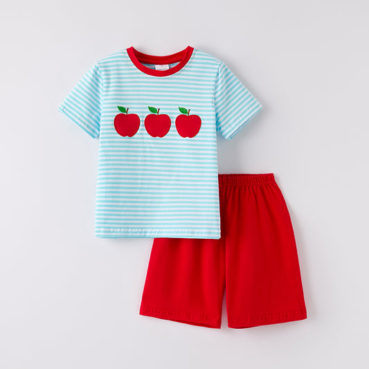 Boys Back To School Apple Applique Cotton Short Set