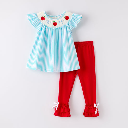Grils Back To School Apple Bow Smocked Outfit Set