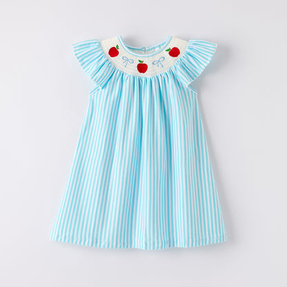 Girls Back To School Blue Stripes Apple Smocked Dress