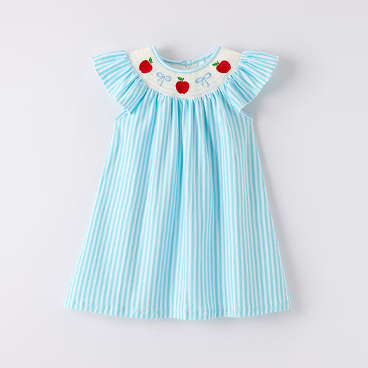 Girls Back To School Blue Stripes Apple Smocked Dress