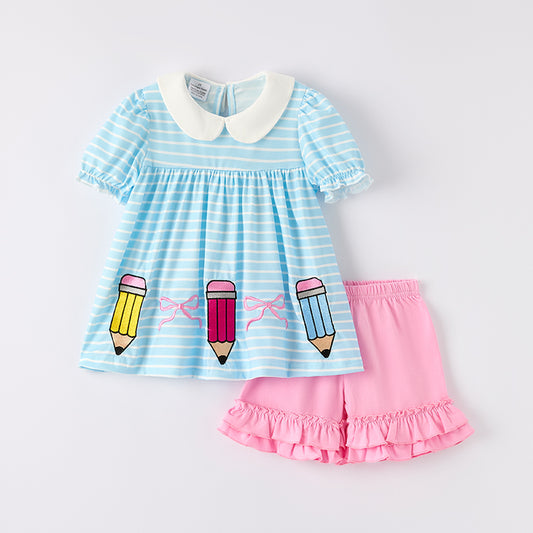 Girls Back To School Blue Stripes Pencil Embroidered Short Set
