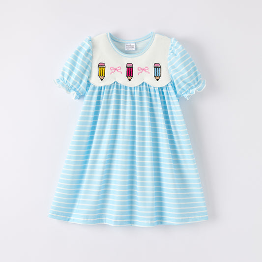 Girls Back To School Blue Stripes Pencil Embroidered Dress