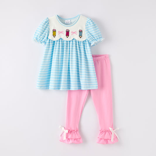 Girls Back To School Blue Stripes Pencil Embroidered Pant Set