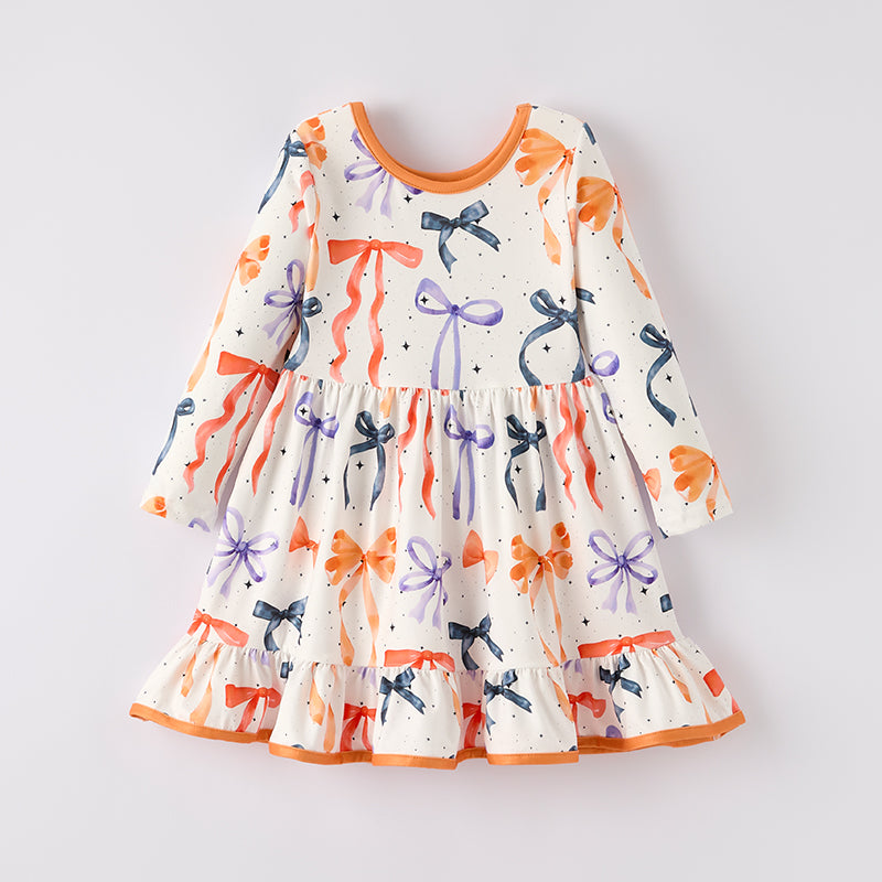 Girls Fall Autumn Orange Bow Ruffles Long Sleeves Dress