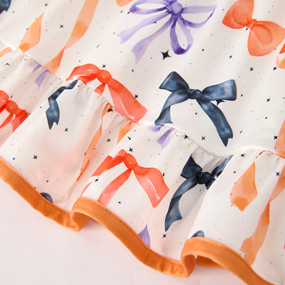 Girls Fall Autumn Orange Bow Ruffles Long Sleeves Dress