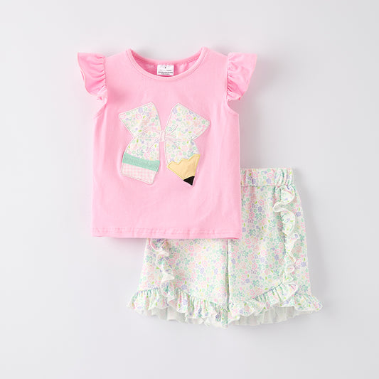 Girls Back To School Pink Bow Pencil Applique Short Set