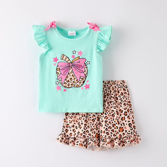 Girls Back To School Leopard Bow Print Short Set