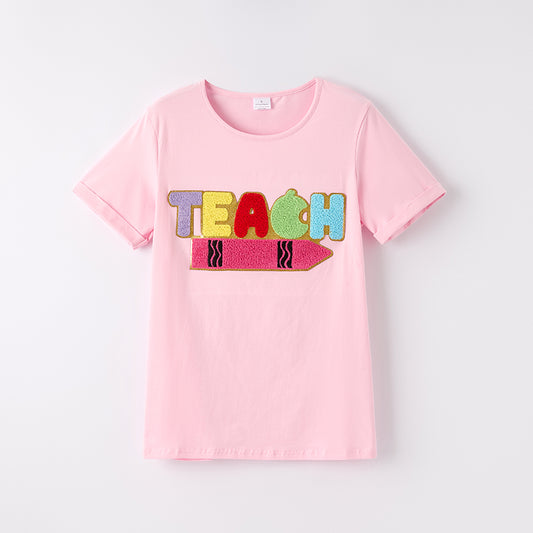 Adult Summer TEACH Chenille Patch Pink Cotton T-Shirt