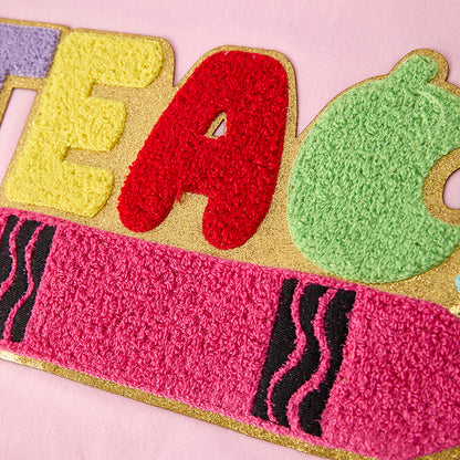 Adult Summer TEACH Chenille Patch Pink Cotton T-Shirt