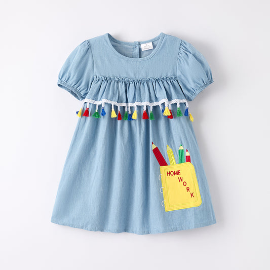 Girls Back To School HOMEWORK Applique Dress