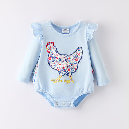 Girls Baby Summer Fall Farm Chick Embroidery Ruffled Romper