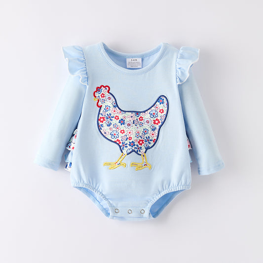 Girls Baby Summer Fall Farm Chick Embroidery Ruffled Romper
