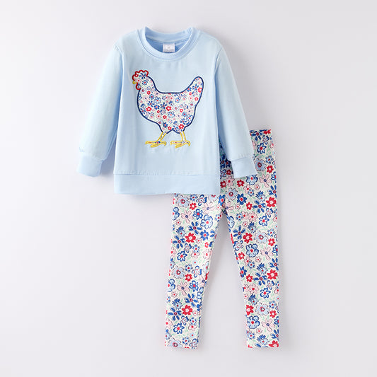 Girls Summer Fall Chick Embroidery Long Sleeves Pant Set