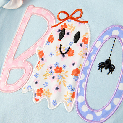 Girls Halloween Boo Ghost Applique Blue Romper