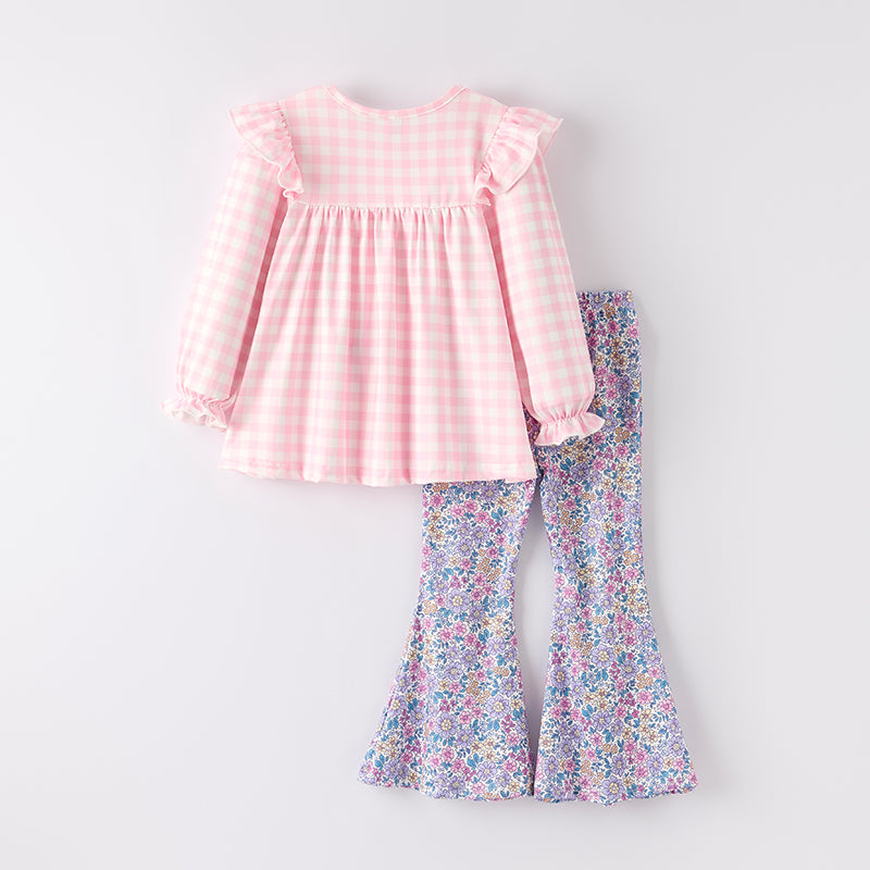 Girls' Halloween Embroidered Set – Pink Gingham Pumpkin Top + Floral Bottoms