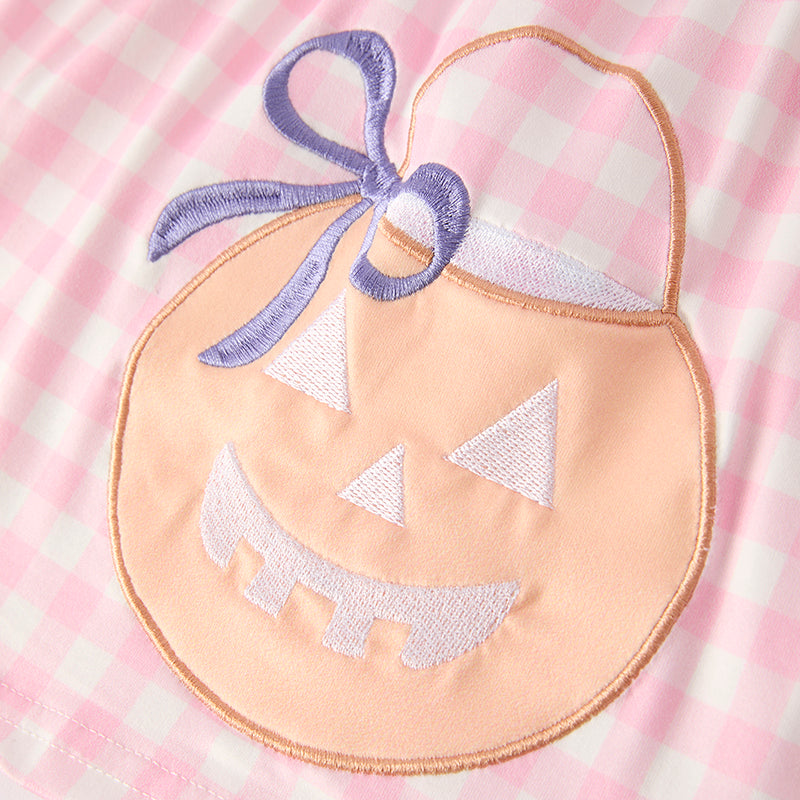 Girls' Halloween Embroidered Set – Pink Gingham Pumpkin Top + Floral Bottoms