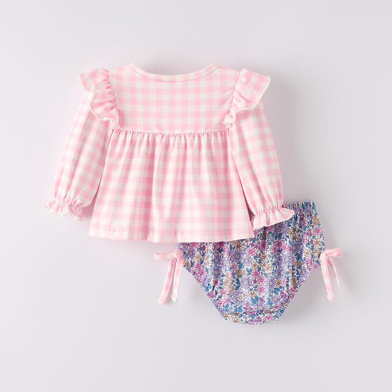 Girls' Halloween Embroidered Set – Pink Gingham Pumpkin Top + Floral Bottoms