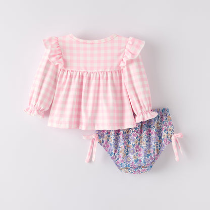 Girls' Halloween Embroidered Set – Pink Gingham Pumpkin Top + Floral Bottoms