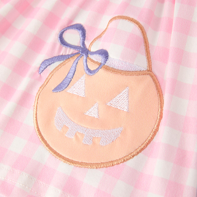 Girls' Halloween Embroidered Set – Pink Gingham Pumpkin Top + Floral Bottoms