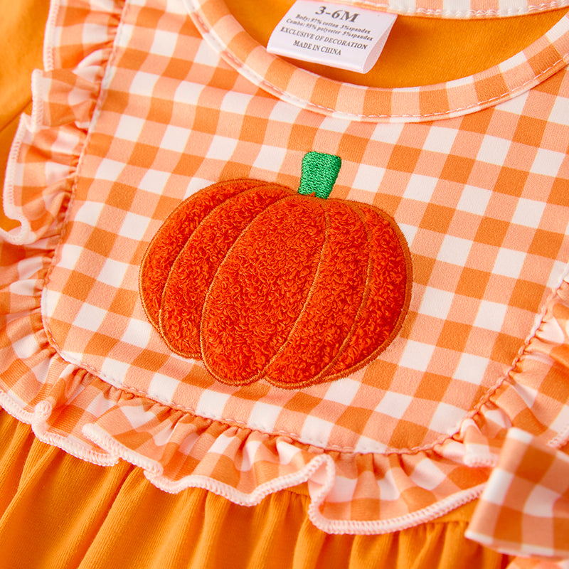 Baby Girls Halloween Pumpkin Chenille Patches Long Sleeves Romper
