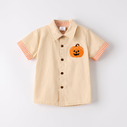 Boys Halloween Pumpkin Chenille Patch Cotton Shirt