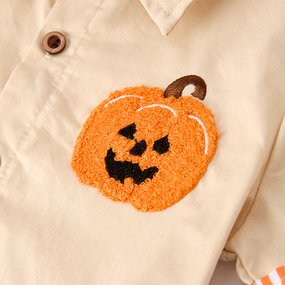Boys Halloween Pumpkin Chenille Patch Cotton Shirt