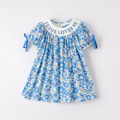 Girls Summer Blue Floral "JESUS LOVES ME" Smocked Dress
