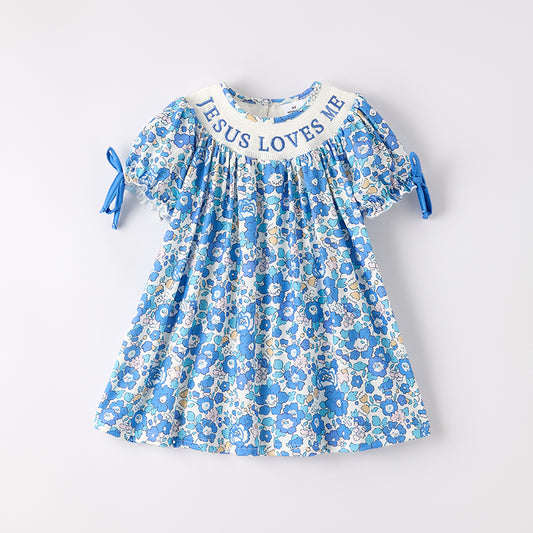 Girls Summer Blue Floral "JESUS LOVES ME" Smocked Dress
