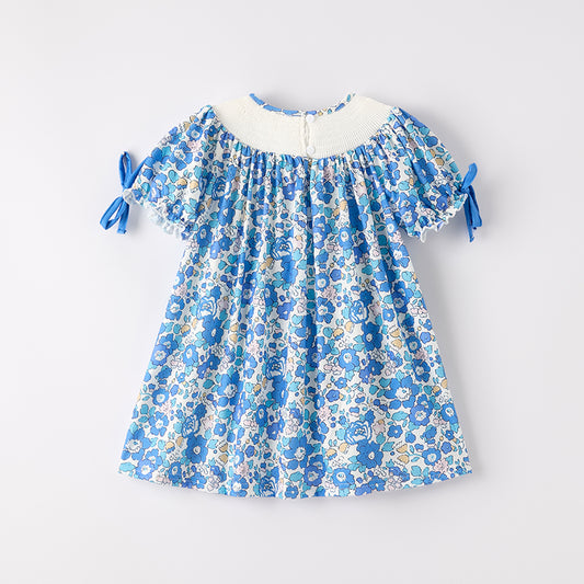 Girls Summer Blue Floral "JESUS LOVES ME" Smocked Dress
