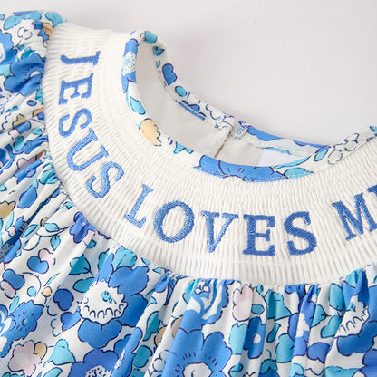 Girls Summer Blue Floral "JESUS LOVES ME" Smocked Dress