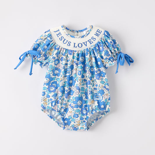 Baby Girls "JESUS LOVES ME" Blue Floral Smocked Embroidery Romper