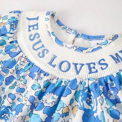 Baby Girls "JESUS LOVES ME" Blue Floral Smocked Embroidery Romper