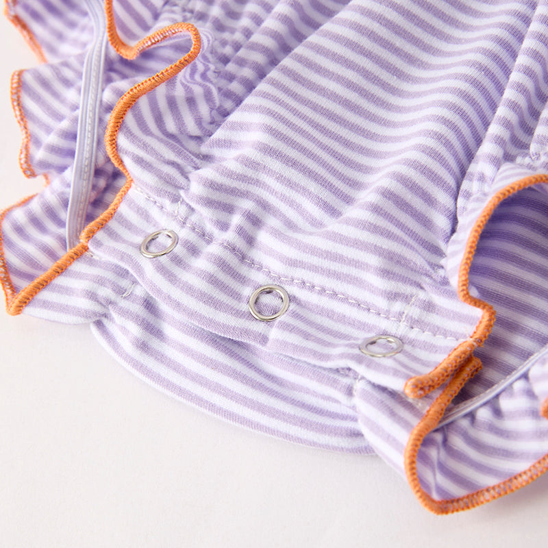 Baby Girls Halloween Pumpkin Embroidery Lavernder Stripes Romper