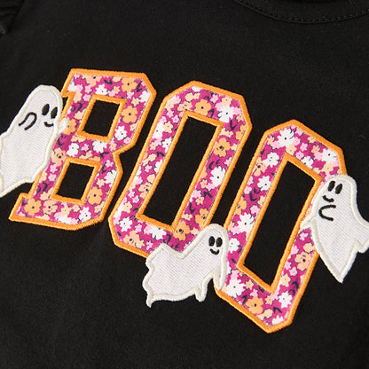 Girls Halloween Boo Ghost Embroidery Floral Pant Set