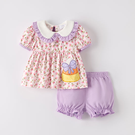 Baby Girls Halloween Corn Applique Lavender Romper Set